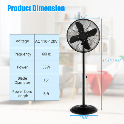 16 Inch Pedestal Standing Fan Oscillating Pedestal Fan with 3 Speeds and Adjustable Height