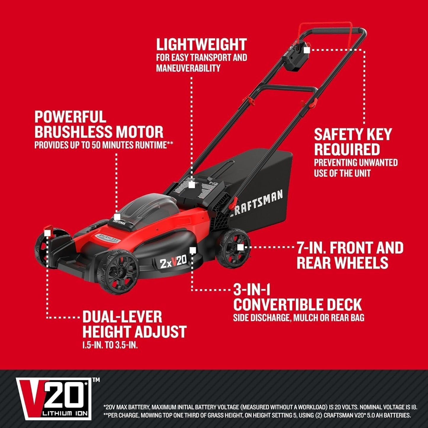 CRAFTSMAN V20 Cordless Push Lawn Mower – 20-Inch Deck